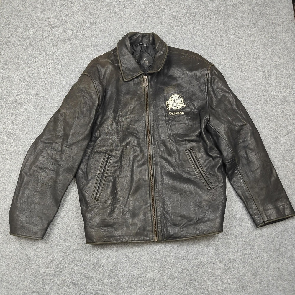 Vintage Planet Hollywood Jacket Mens Medium Black Leather Orlando Back Logo